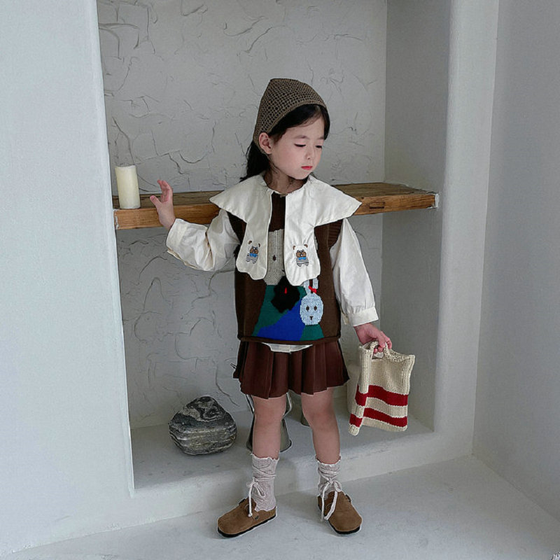 童装批发女童套装秋冬新款儿童卡通兔毛线背心加大领子衬衫半身裙