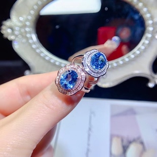 S925 Silver Set Swiss Blue Topaz Ring, Main Stone Size: 8 × 10 Adjustable