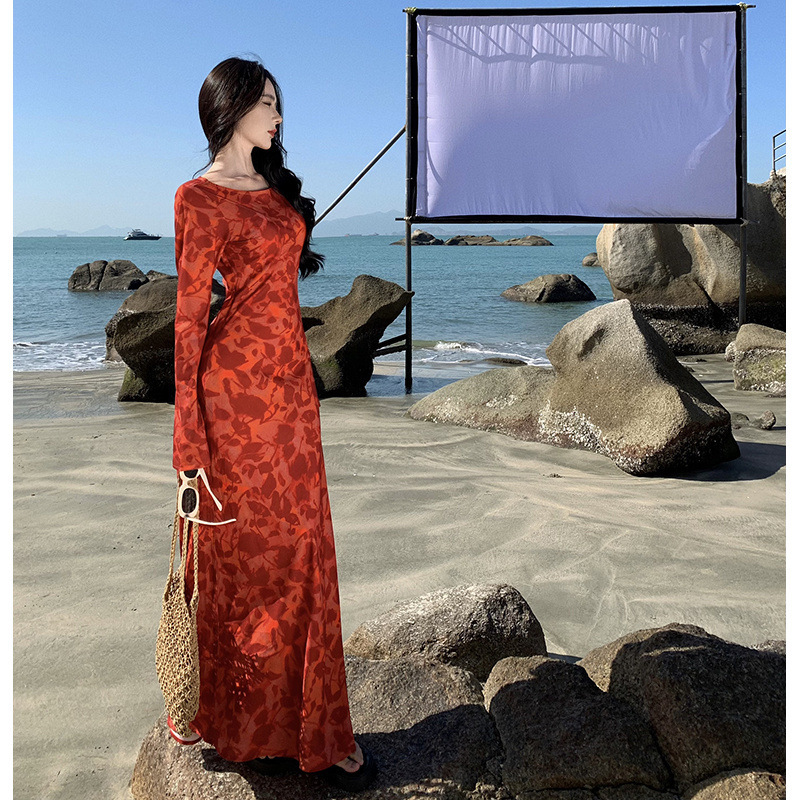 2025新款旗袍女高级感改良新中式连衣裙摩洛哥玫瑰印花长袖连衣裙|undefined