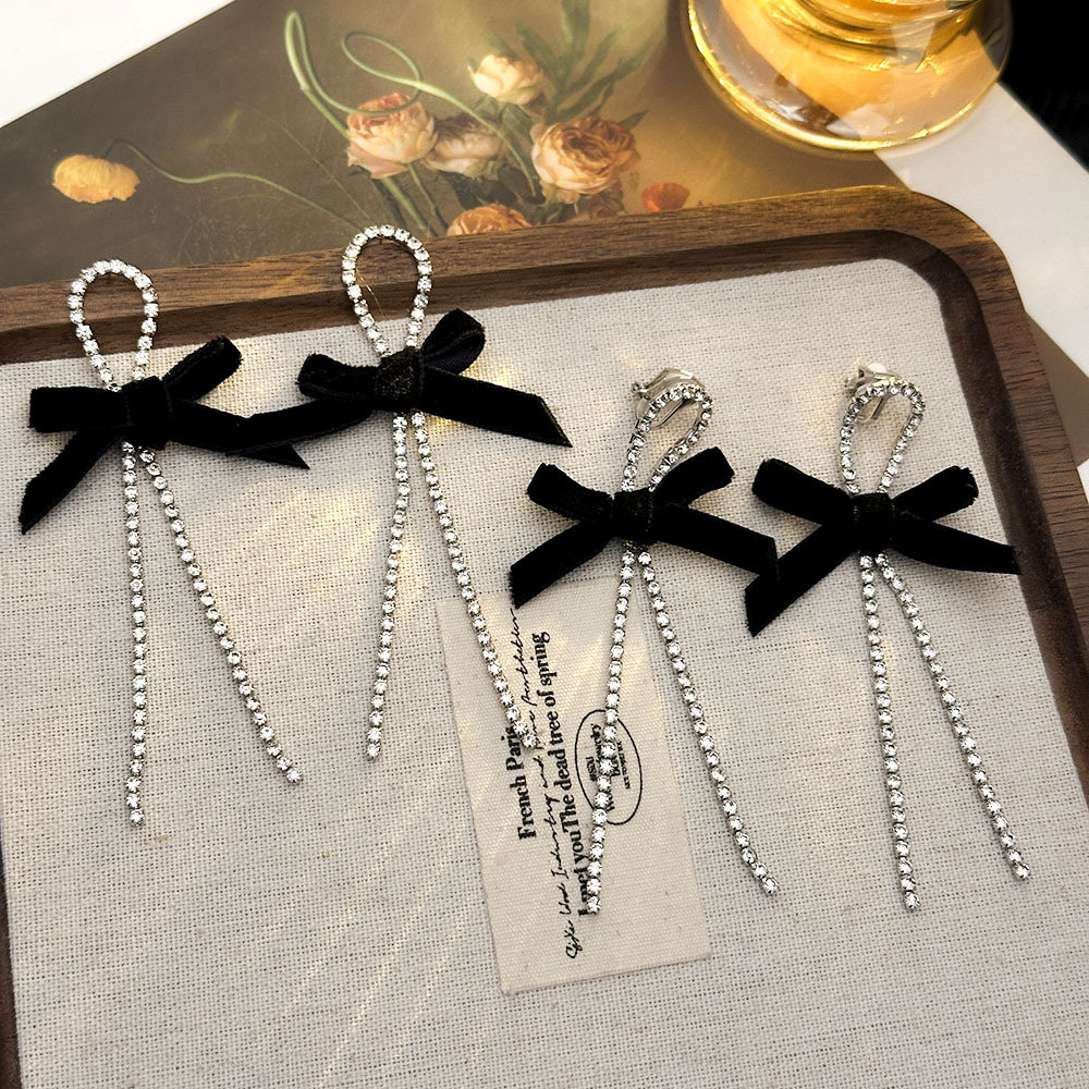 Pendientes simples con lazo de diamantes, sin orejas perforadas, sin dolor, pendientes de alta calidad, pendientes de temperamento de nicho de moda coreana, mujeres