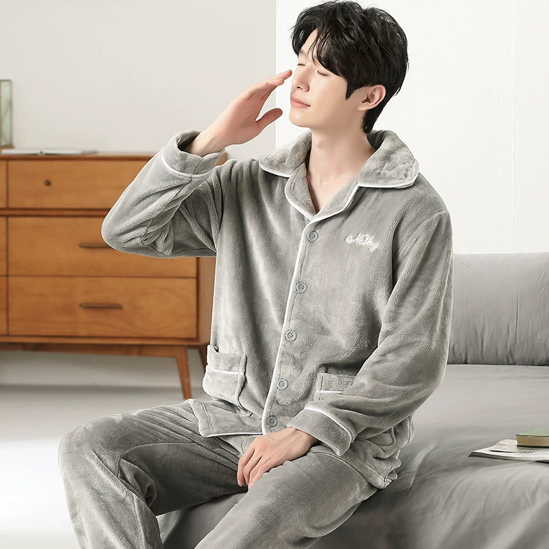 [Теплый бархатный] Пара пижамы для мужчин осенью и зимой новый молния с воротником, утолщенные длинные рукава, коралловый бархат, домашняя одежда