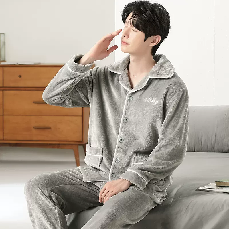 【暖绒绒】情侣睡衣男士秋冬季新款立领拉链加厚长袖珊瑚绒家居服