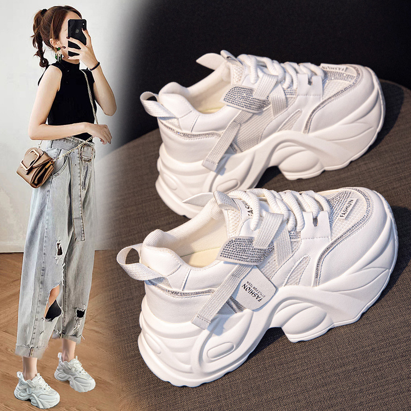 老爹鞋女2025秋新款真皮透气百搭厚底9CM内增高运动休闲小白鞋女