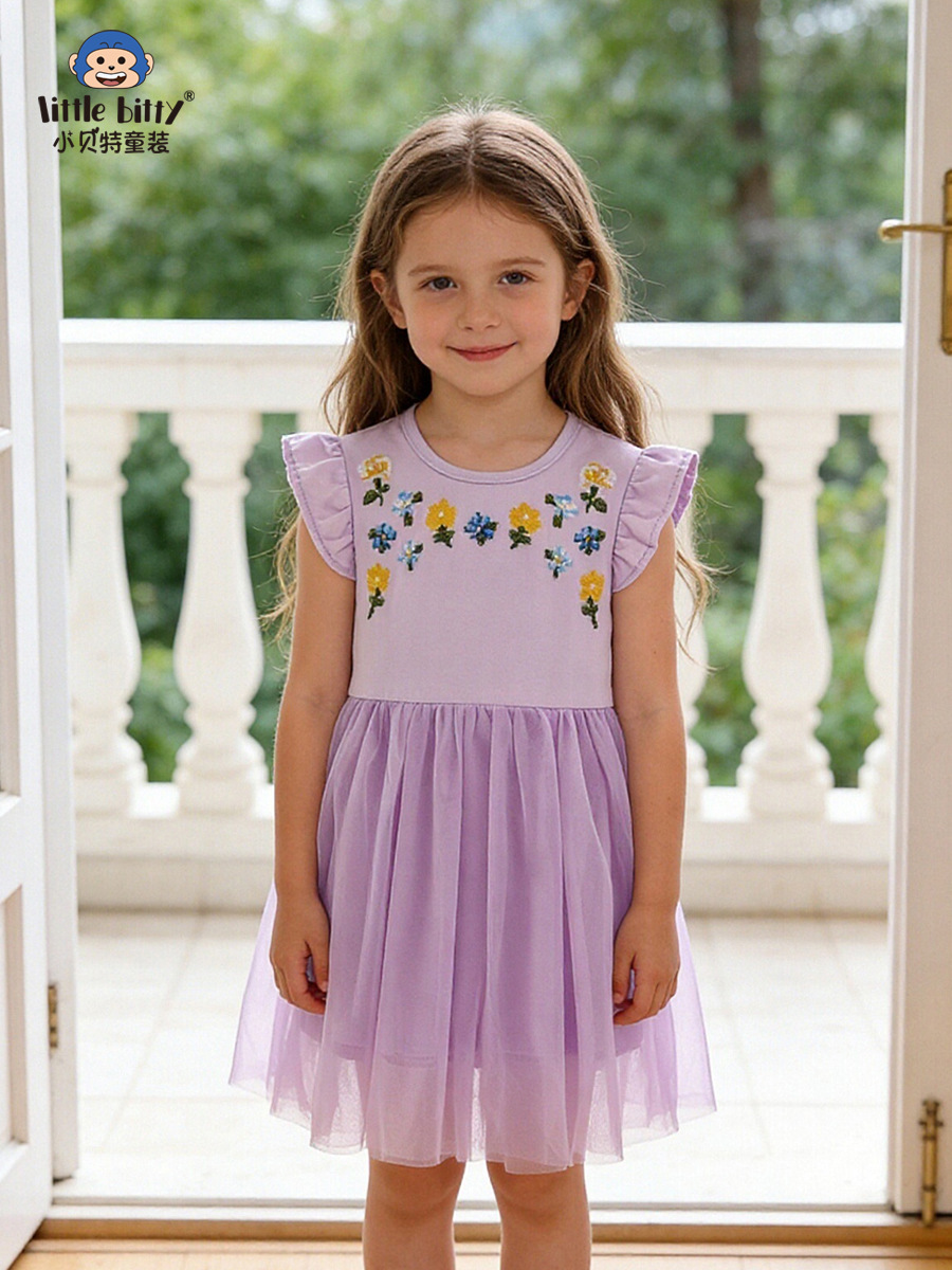 Cross-Border Supply 26 Years of Experience in Spring and Summer Children's Dresses with Ruffle Sleeves, Mesh Dresses, Sweet Floral Embroidery, Round Neck Children's Dresses in Stock