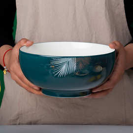 T9J5批发绿色泡面碗家用陶瓷大碗汤碗复古大号汤盆学生宿舍拉面碗