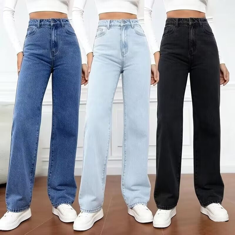 Foreign Trade Cross-Border Amazon European and American High-Waisted Women's Plus-Size Light Blue Loose Wide-Leg Straight Jeans for Women