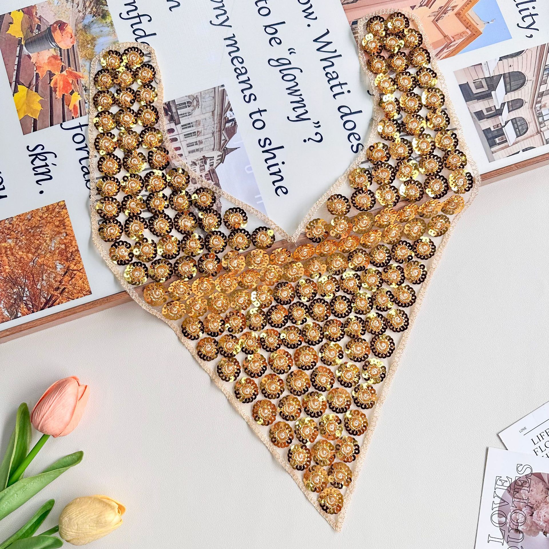 Spot bordado con lentejuelas y cuentas con cuello en V, máquina de decoración de cuello delantero, vestido de novia con cuentas, decoración de vestuario, flor de cuello