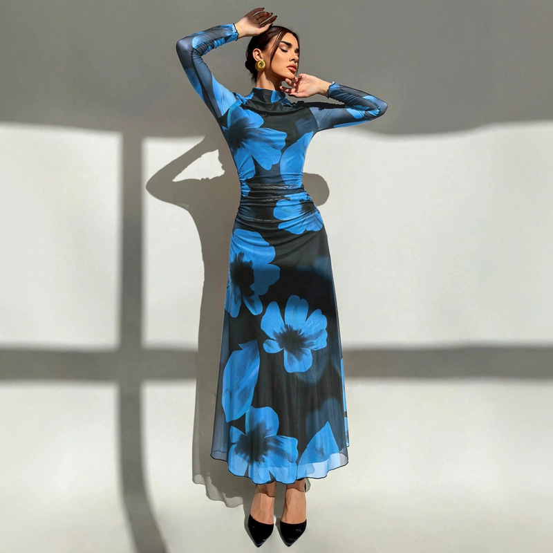 New Gradient Floral Print Mesh Party Long-Sleeve Slim-Fit Vacation Dress, Suitable for All Seasons