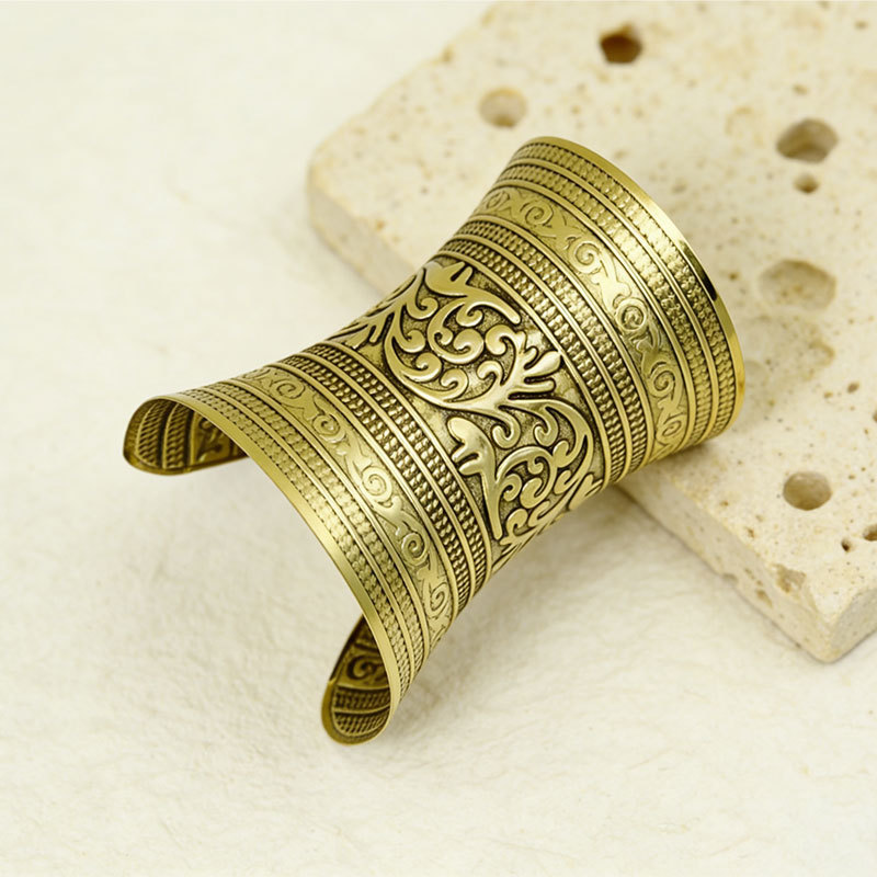 European and American Punk Style Exaggerated Wide Cuff Metal Bracelet for Women, Tribal Style Open Carving Pattern Vintage Women's Accessory European and American Punk Style Exaggerated Wide Cuff Metal Bracelet for Women, Tribal Style Open Carving Pattern Vintage Women's Accessory
