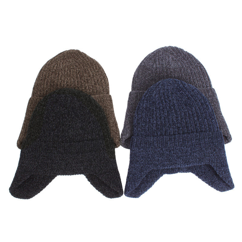 定制logo跨境男士冬天毛线帽加绒加厚户外保暖雪尼尔护耳针织帽