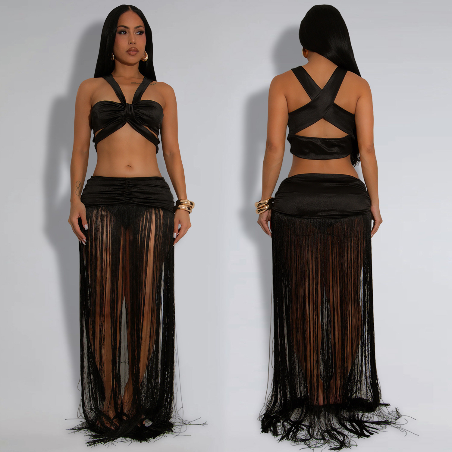 C7438 Cross-border AliExpress Amazon Ropa de mujer de moda europea y americana Tops sexy con tirantes Falda larga con flecos Traje de dos piezas