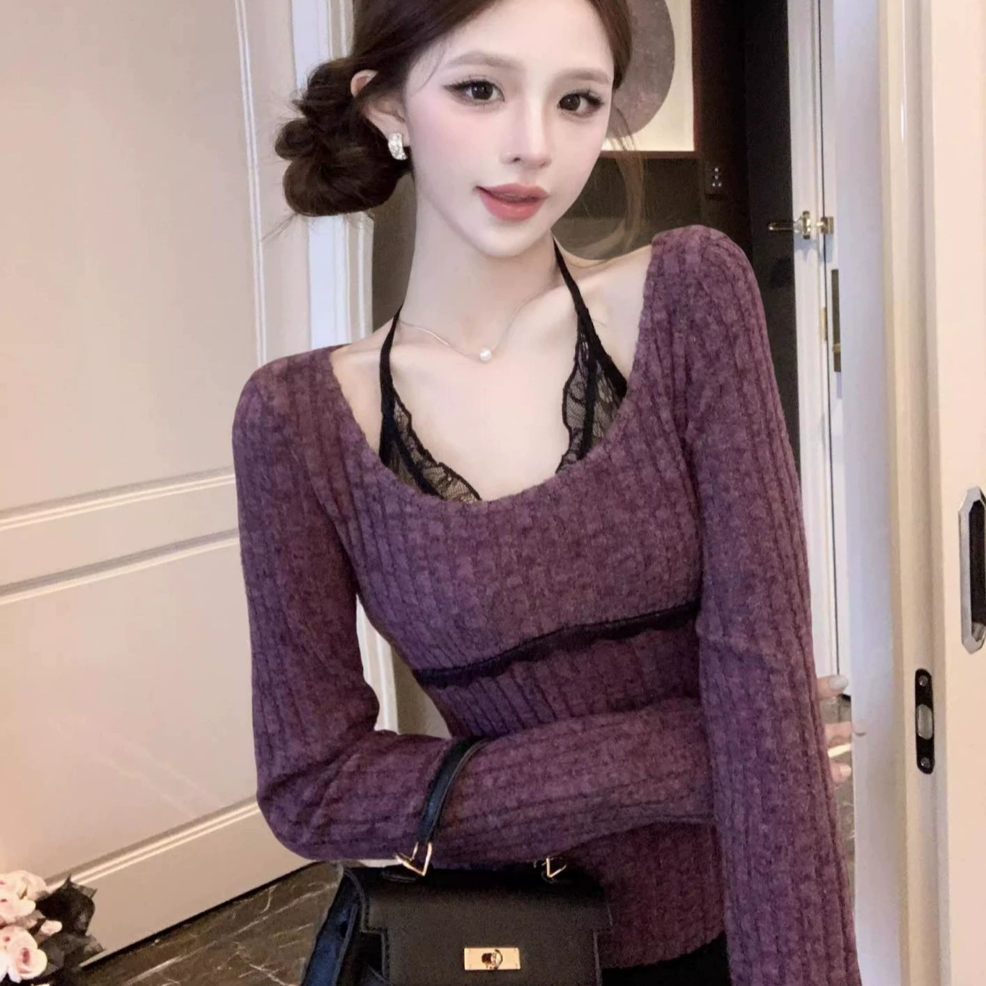 Чистый фиолетовый поддельные две части футболки с длинными рукавами