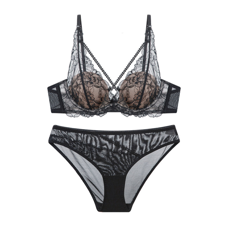 French lace lingerie for women, wire-free, deep V-neck, push-up, enhances small bust, sexy back design, side support, breathable bra set French lace lingerie for women, wire-free, deep V-neck, push-up, enhances small bust, sexy back design, side support, breathable bra set