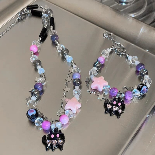 Cute Monster Cat Bead Star Necklace for Girls, Ins Trendy, Unique Design, Personality Sweet and Cool, Y2K Style Sweatshirt Chain