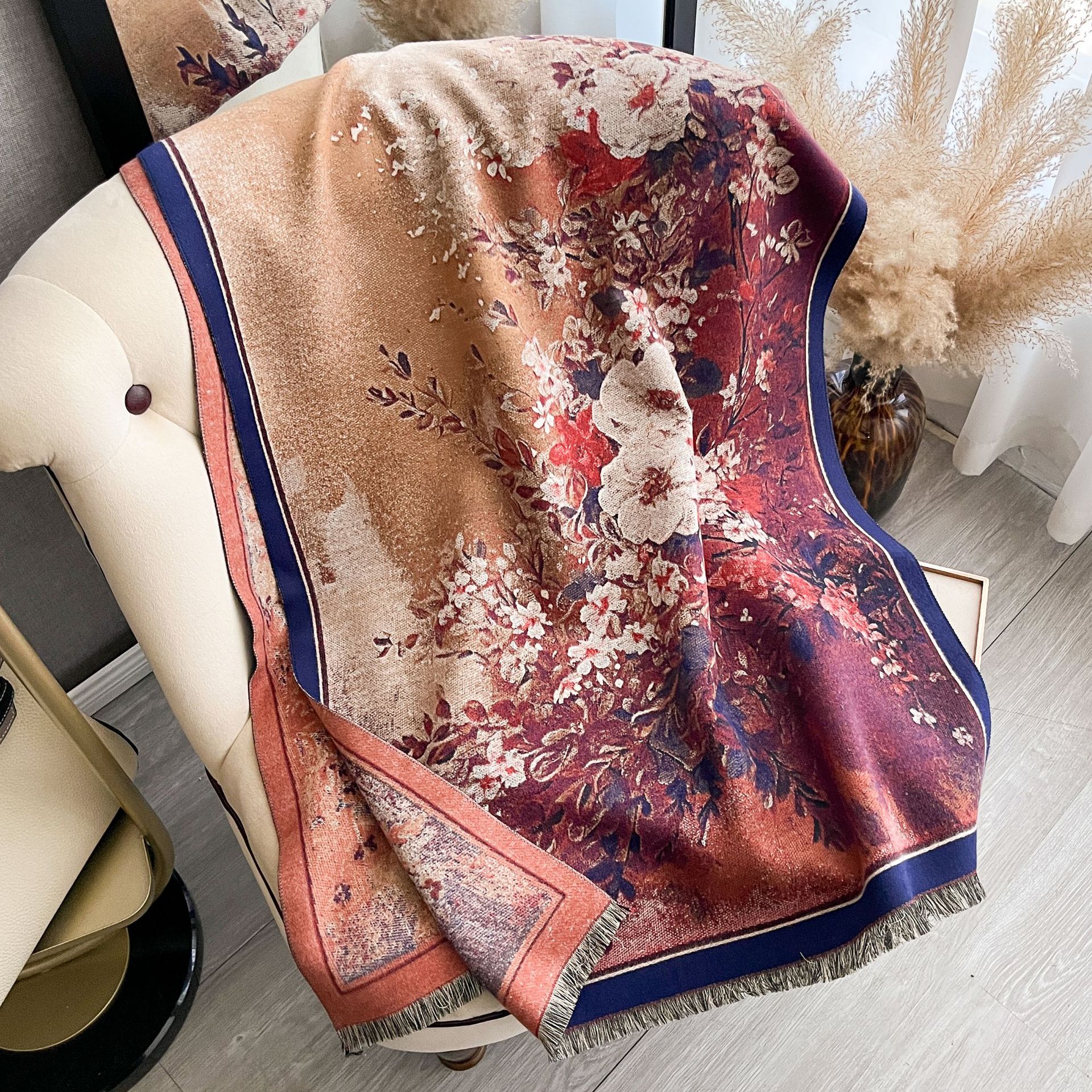 Retro pintura al óleo en color serie de combinación de imitación de cachemira gruesa mantel caliente otoño invierno nuevo estilo de literatura bufandas versátiles mujeres