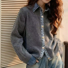 2025秋冬韩版针织衫女设计感小众宽松显瘦百搭牛仔拼接假两件外套