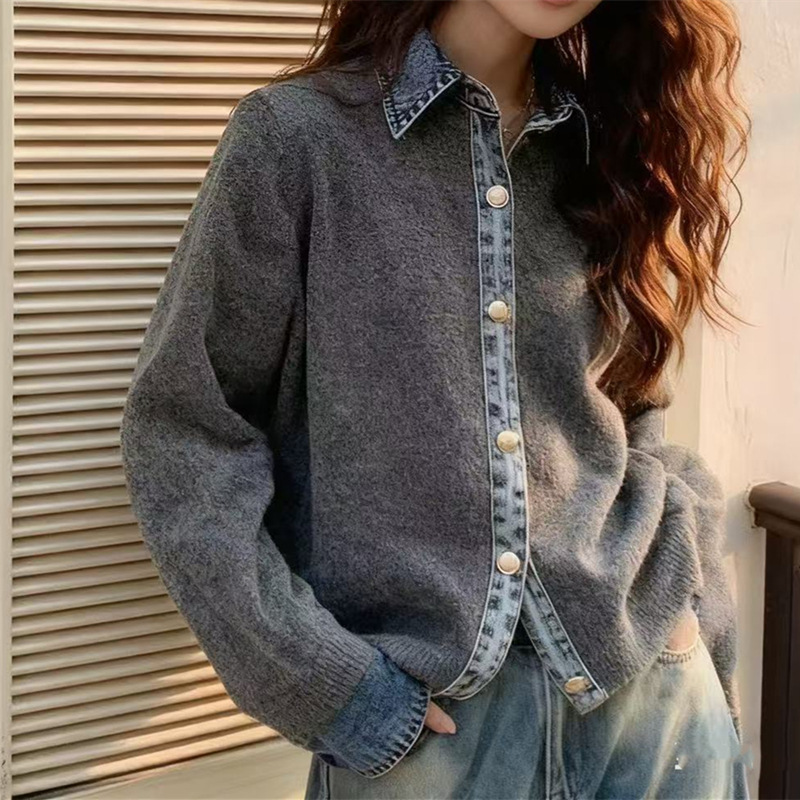 2025秋冬韩版针织衫女设计感小众宽松显瘦百搭牛仔拼接假两件外套