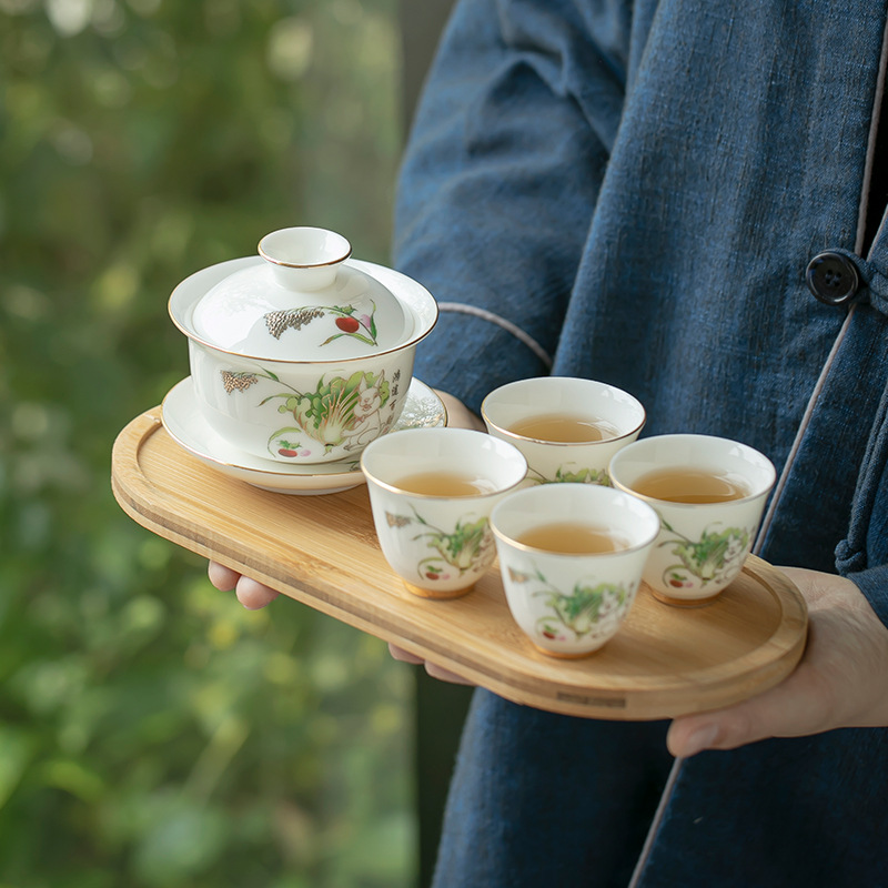Mutton fat jade travel tea set white porcelain gold covered bowl…