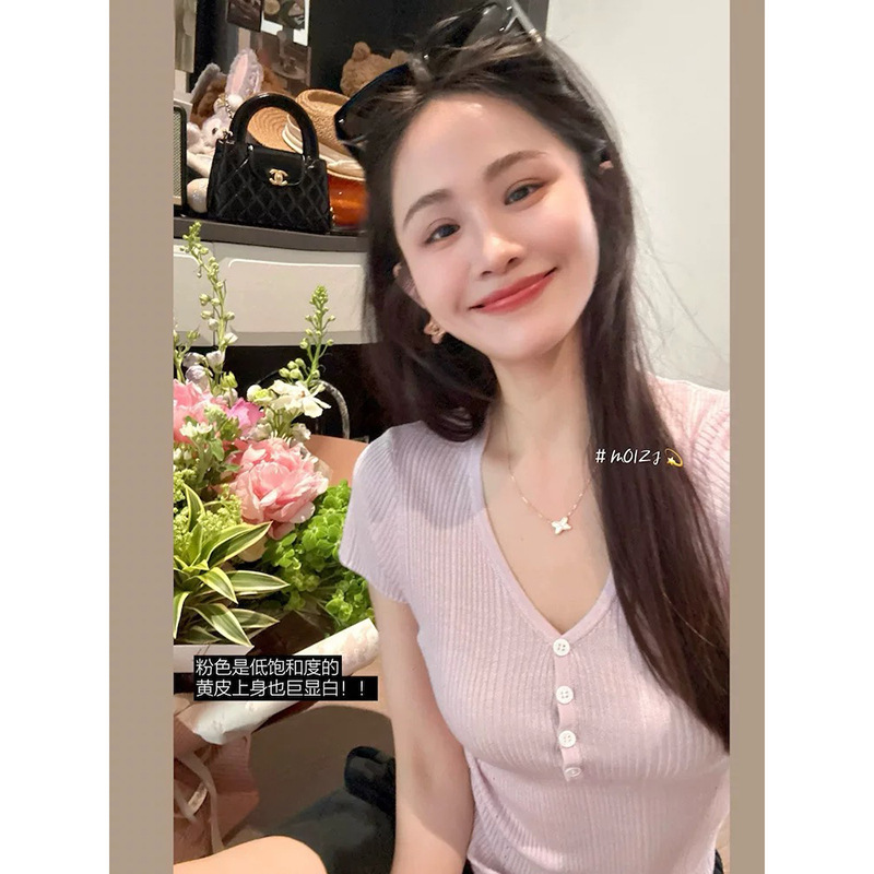 Ju Slimming Look Tencel Wool Silk Henry Short-Sleeved T-Shirt Women's Thin V Neck Knitwear Elastic Slim Fit