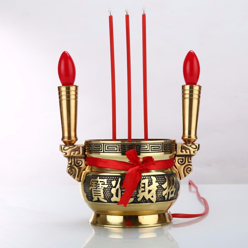 铜香炉双耳电带烛台进宝吉香插佛具用品插电供佛厂家批发速卖通