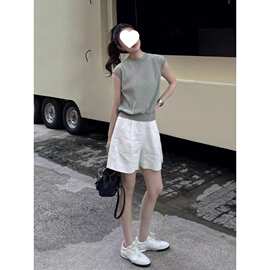 夏季新款韩系小个子穿搭灰色针织上衣白色阔腿短裤减龄两件套装女