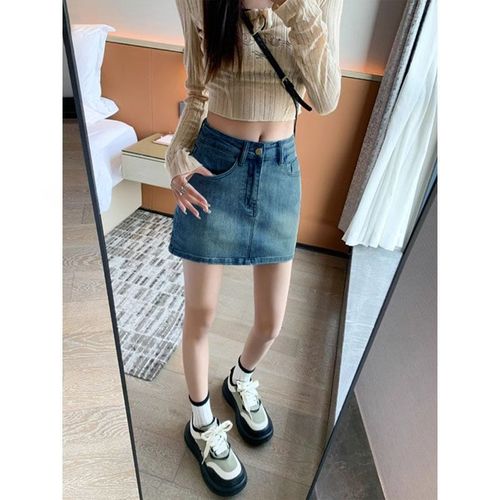 High-end Petite High-Waisted Denim Short Skirt 2025 Elastic Outerwear Distressed Retro Sleeveless Dress Trendy Women
