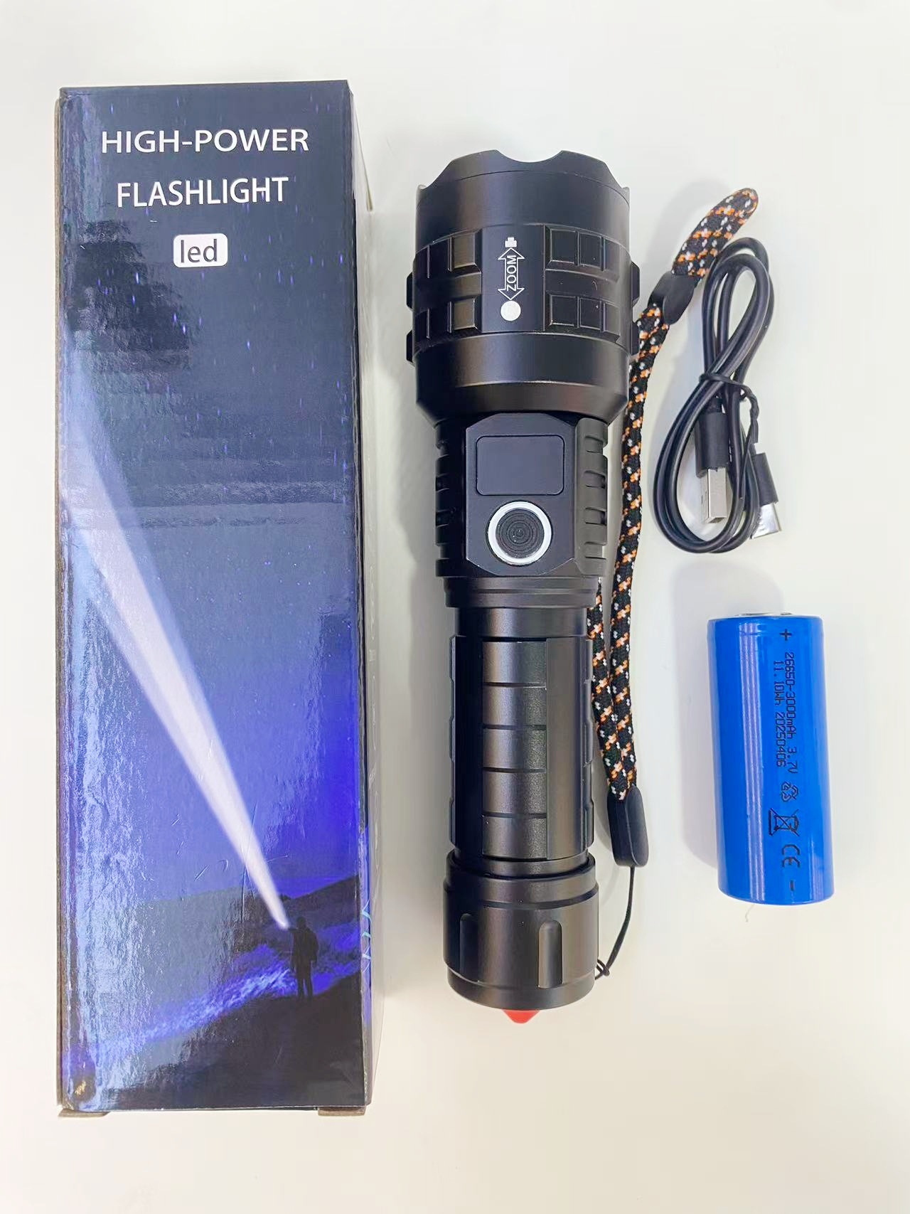 Linterna LED ultrabrillante para uso en exteriores, de largo alcance, con carga tipo C, zoom telescópico, linterna de emergencia para el hogar.