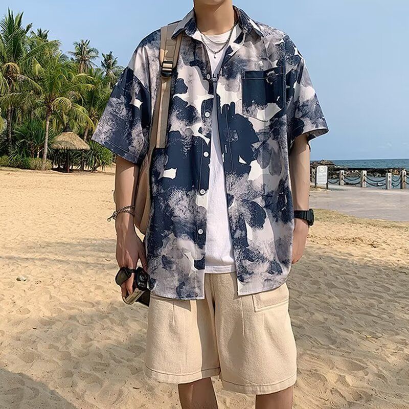 Oversize 300 Jin Hong Kong style retro short sleeve floral shirt men's fashion brand summer loose high sense shirt coat 」