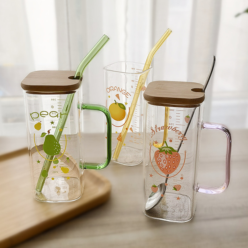 Ins-style glass cup with straw, high-end, handle, scale, lid, spoon, fruit print, logo