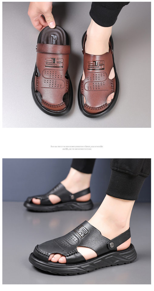 Dép sandal nam bít mũi da bò lớp đầu đế dày thoáng khí gót 3 cm — Màu nâu, Màu đen chi tiết 22