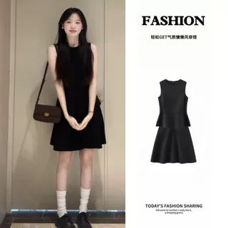 夏季绝美漂亮一整套ootd穿搭女赫本风高级感黑色中长款连衣裙套装