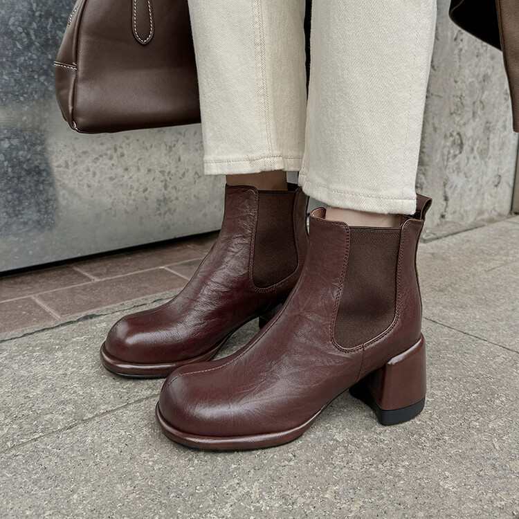 Sheepskin Chunky Heel Ankle Boots Women's High Heel 2024 New Autumn and Winter Ankle Naked Boots English Style Elastband Mid Heel Martin Boots