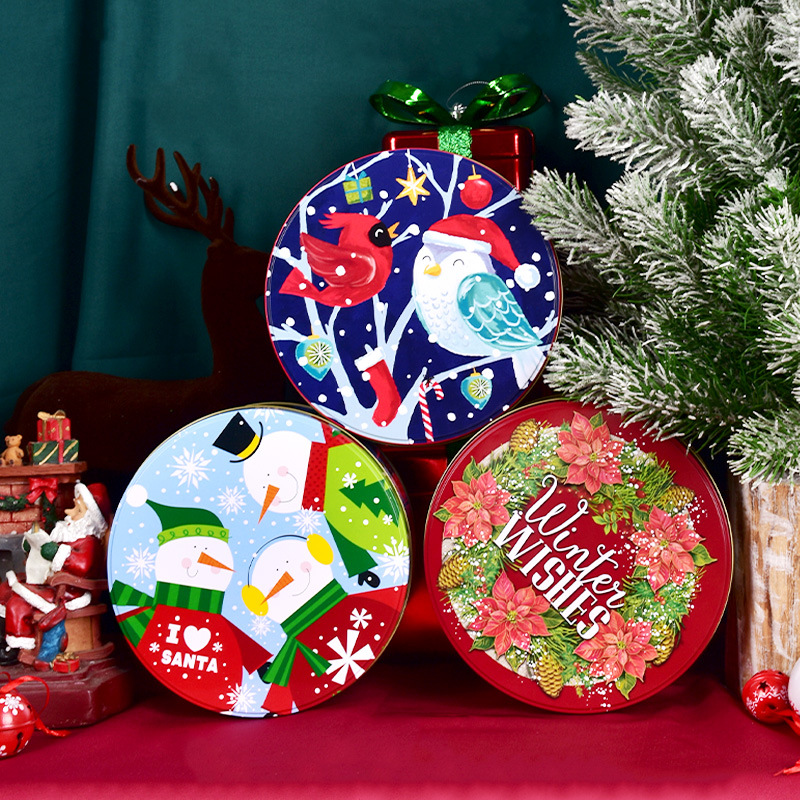 Navidad caramelo redondo caja de almacenamiento de hierro forjado cartón cartón paquete de regalo caja grande y pequeña caja caja de lata