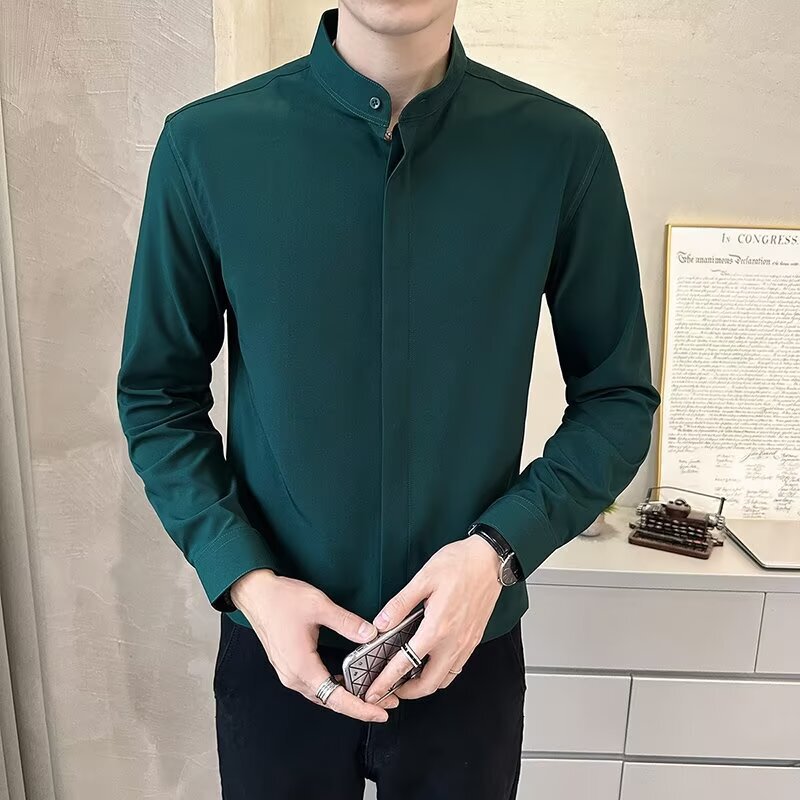Chinoiserie Stand-Up Collar Shirt Men's Long-Sleeved 2023 New Style Casual Handsome Slim Shirt Boys No Ironing Sunshine