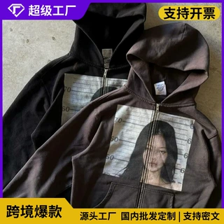 跨境美式街潮Y2k哥特式连帽衫女孩印花拉链卫衣开衫外套上衣
