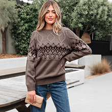 时颖几何图案休闲毛衣女式长袖套头衫圆领针织衫欧美开镜女装新款