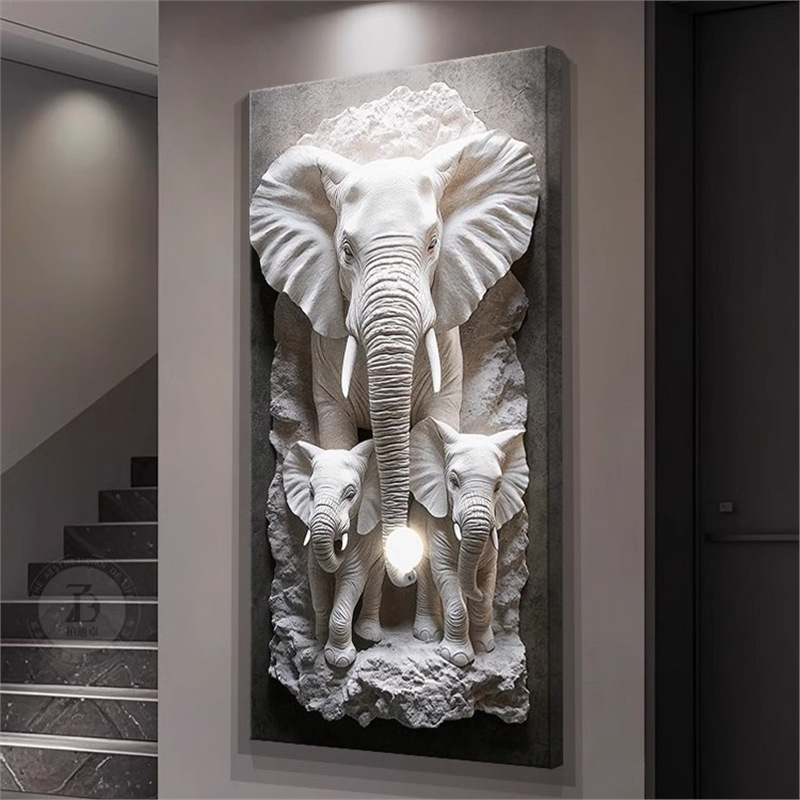 轻奢高级感玄关装饰画浮雕立体感大象挂画2025新款入户正对门壁画
