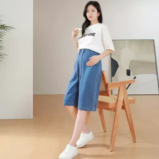 孕妇牛仔五分裤中裤夏季抽绳天丝莱赛尔弹力宽松阔腿直筒夏装加大