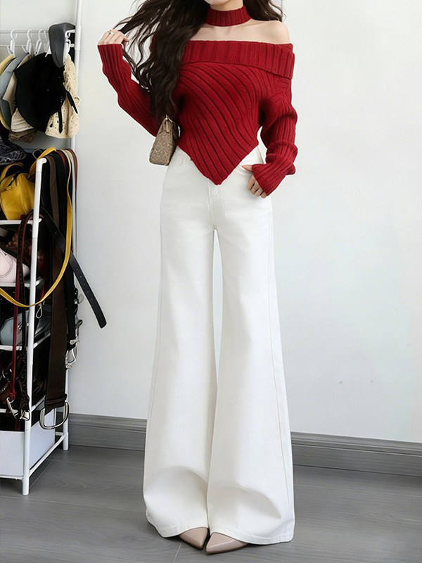 Women's High-rise White Embroidered Flared Jeans Boho Style Spring_voghion.com