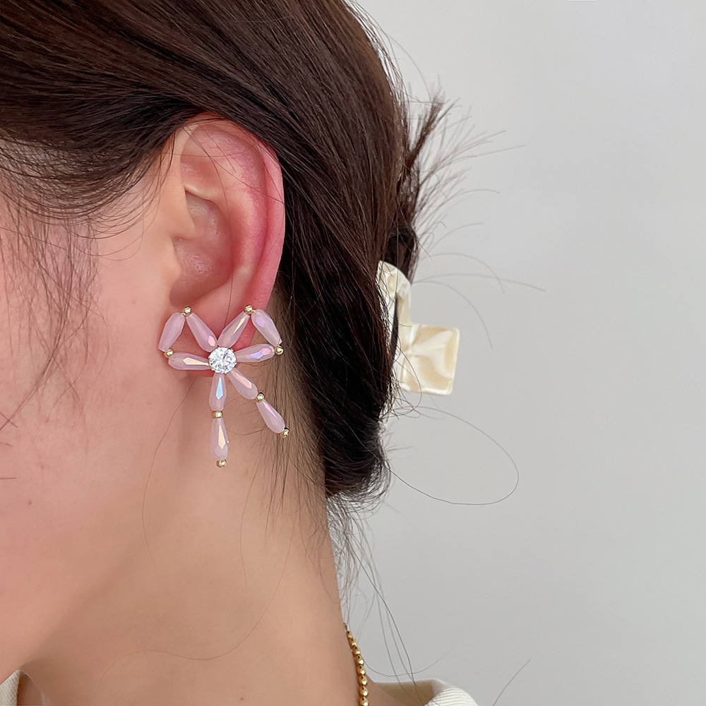 1 Pair Fashion Bow Knot Crystal Beaded Inlay Zircon Womenu0027S Ear Studs