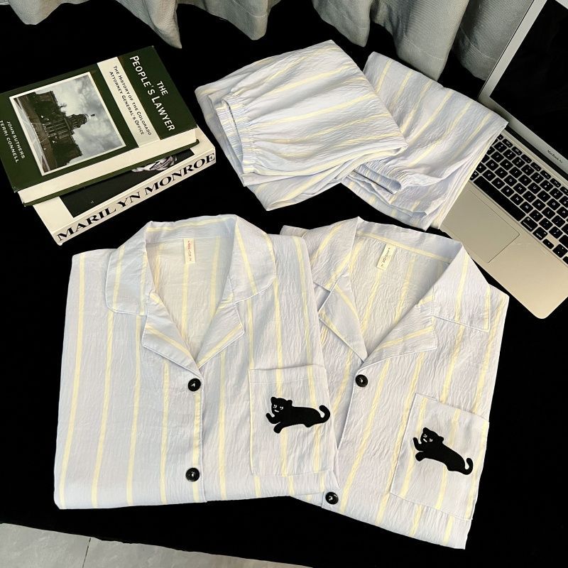 Korean Style Black Cat Cloud Cotton Couple Pajamas Women's Spring & Fall Long-Sleeved Pants Cardigan Men's Home Wear Suit Summer