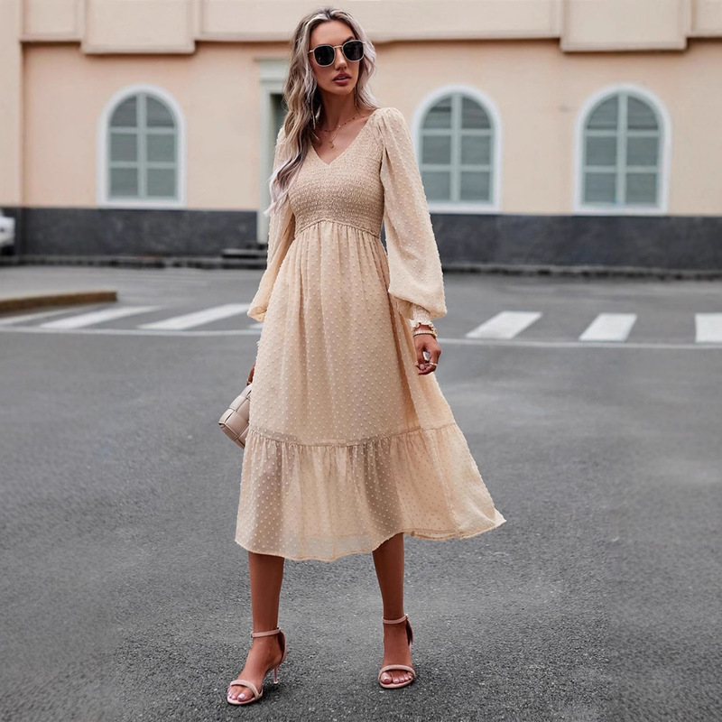 Cross-Border Export Chiffon V Neck Elegant Elegant Amazon Popular Long-Sleeved Cocktail Party Dress Women's Dress