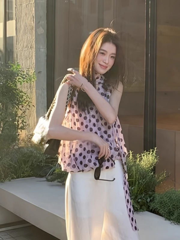 フレンチリボンノースリーブシフォンシャツレディース夏新作韓国風ユニークで超格好良い水玉キャミソール|undefined