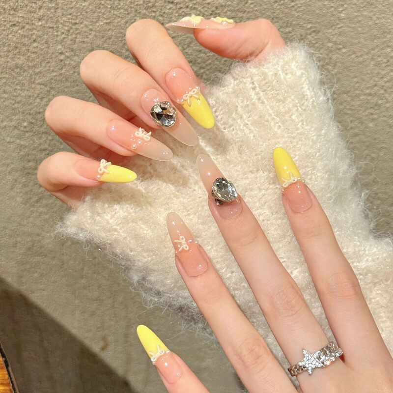 Yihe W Series [Yellow Butterfly Sweet Diamond] Yellow-Toned Clear Handmade Wearable Nails Wholesale, Sweet, Tender, Soft and Full of Vitality