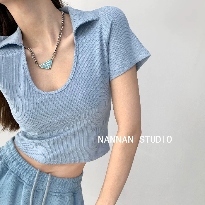 Короткая связанная cropped футболка, европейский стиль, Slim fit, короткий рукав