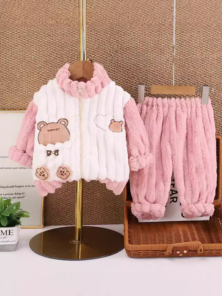 Hombres y niñas invierno ropa casera con cremallera nueva ropa de bebé con pijamas de peluche gruesas de dos piezas