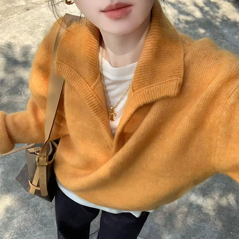 秋冬新款100%纯羊毛衫时尚感纯色V领针织衫女慵懒分软糯毛衣上衣