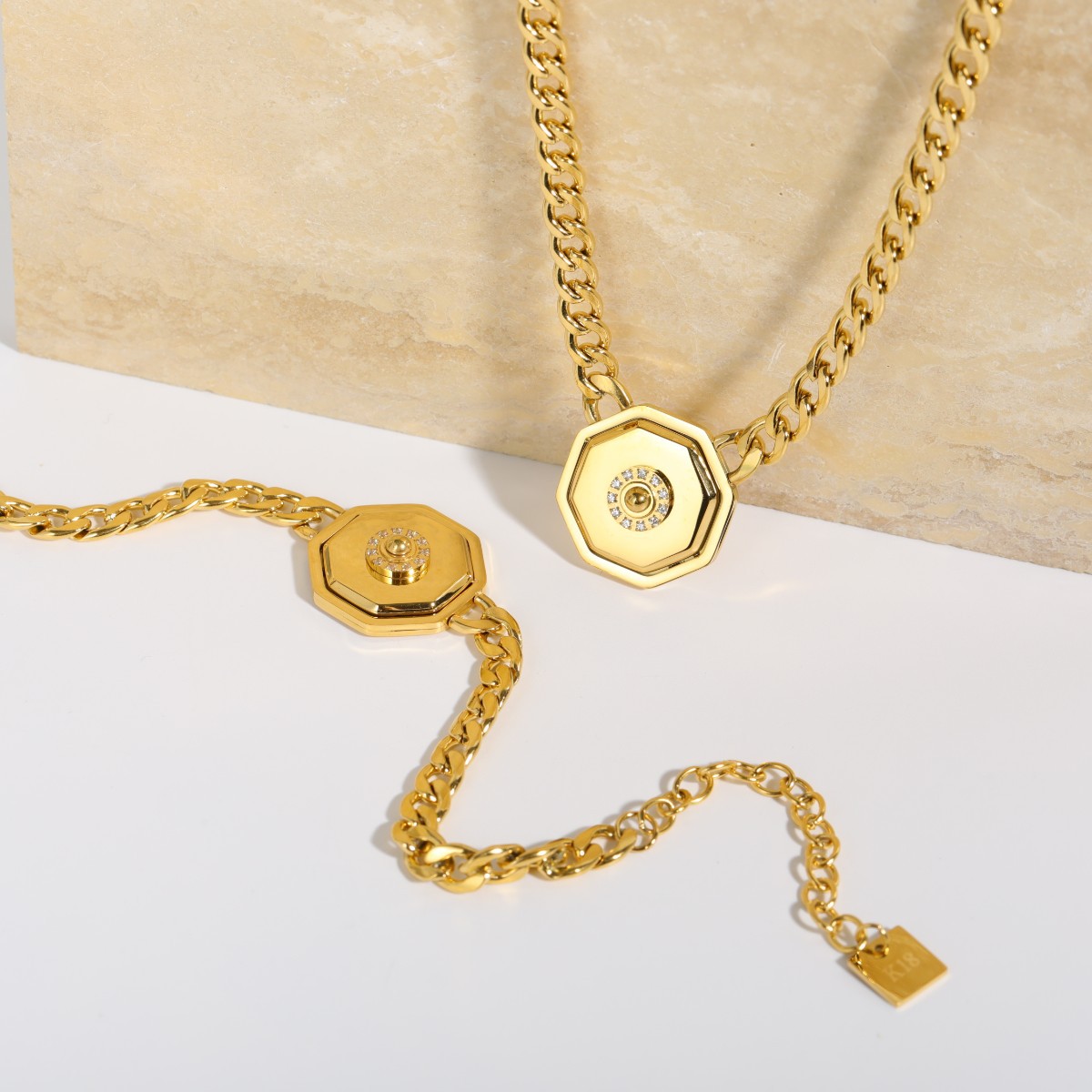 Unisex Fashion Geometric Titanium Steel Zircon Bracelets Necklace Gold Plated Stainless Steel Neckla