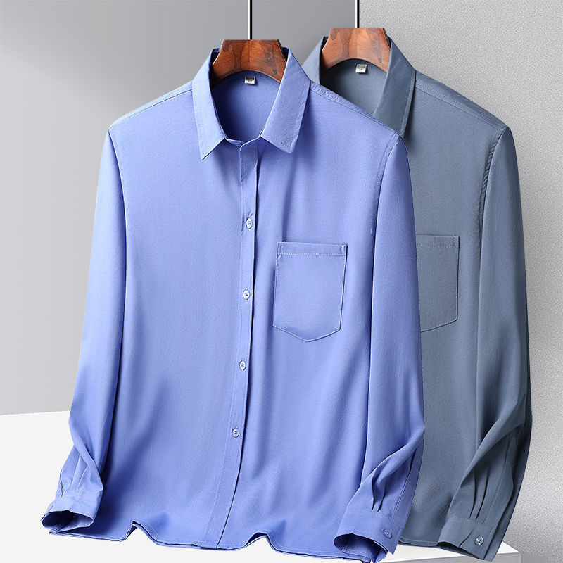 Middle-Aged and Elderly Men's Shirts, Ice Silk Casual Long-Sleeved Shirts, Thin Summer Clothes for Dad, Loose-Fitting Solid Color Clothes for Grandpa