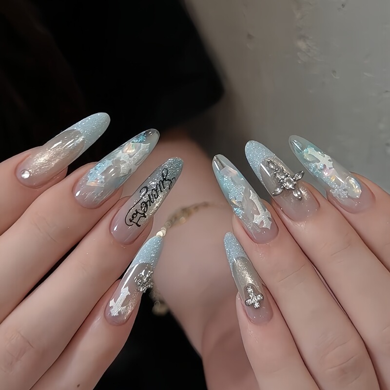 Ins-Style Ice Blue Acetate Chrome Hearts Cat-Eye Boutique Handmade Wearable Nails, Medium-Length High-End Nail Art Fake Nails Ins-Style Ice Blue Acetate Chrome Hearts Cat-Eye Boutique Handmade Wearable Nails, Medium-Length High-End Nail Art Fake Nails